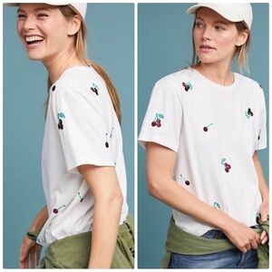 NWT new medium Anthropologie banner day Cherry Embroidered White T-Shirt tee